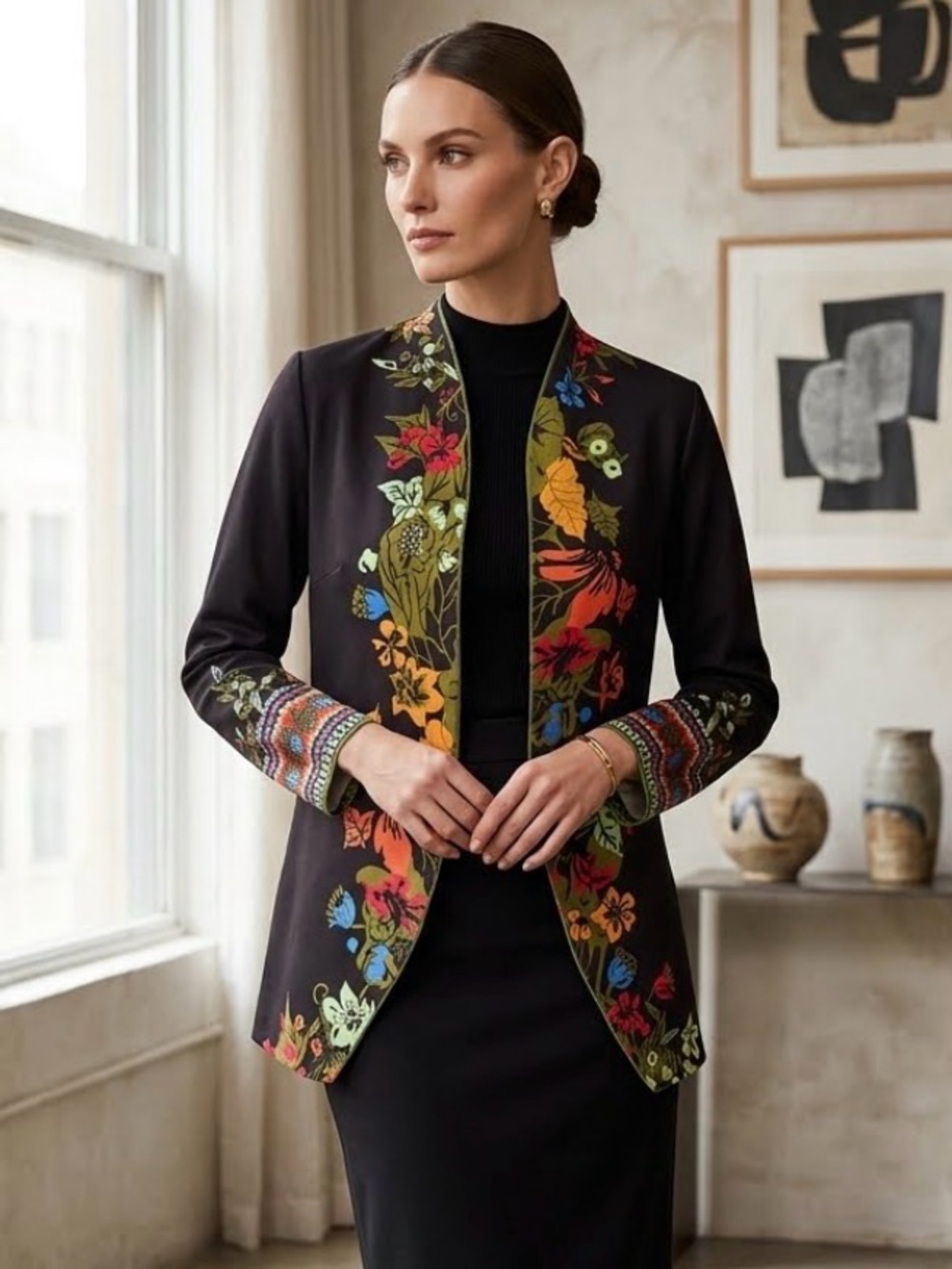 Misslook Floral Boho Jacket Women‎ Small Black Open Cotton Blend Wearable Art